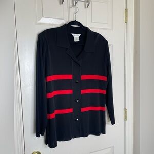Misook Black Red Stripe Knit Button Front Cardigan Sweater Jacket | L